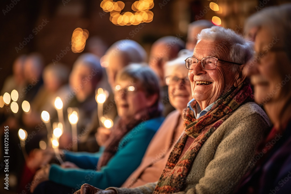 A group of elderly individuals engrossed in a captivating storytelling session, their faces lit up with joy and wonder, elderly happy people, old age, bokeh Generative AI