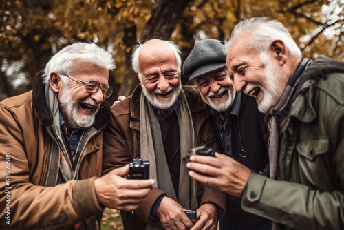 A group of elderly friends huddled together, reminiscing and sharing old photographs, elderly happy people, old age, bokeh Generative AI photo