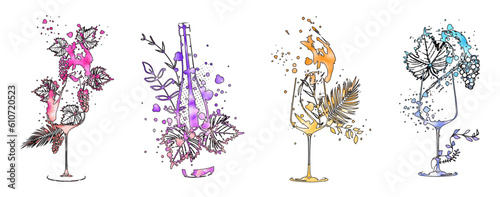 Wine Designs. Collection of wine glasses and bottles. Hand drawn elements for invitation cards, advertising banners and menus. Wine glasses with splashing wine. Sketch vector illustration.