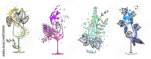 Wine Designs. Collection of wine glasses and bottles. Hand drawn elements for invitation cards, advertising banners and menus. Wine glasses with splashing wine. Sketch vector illustration.