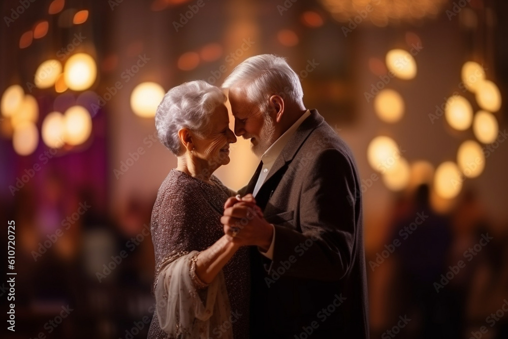 An elderly couple sharing a tender dance together in a beautifully decorated ballroom, elderly happy people, old age, bokeh Generative AI