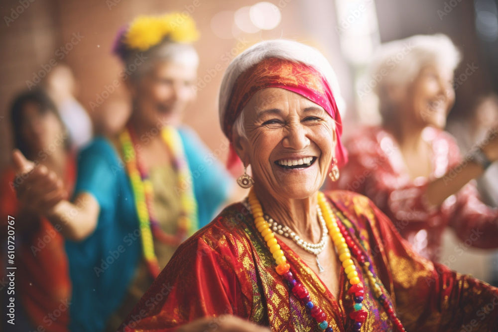 A group of seniors dressed in festive attire, dancing and celebrating at a lively community event, elderly happy people, old age, bokeh Generative AI