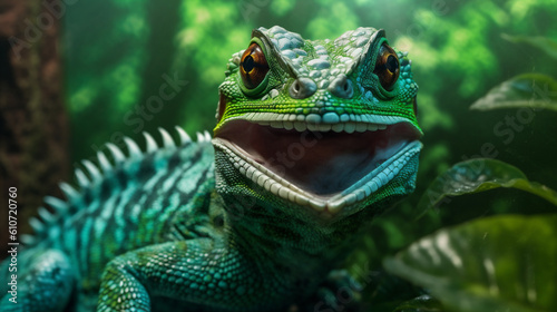 lizard reptile glasses iguana portrait animal scale close-up wildlife green. Generative AI.