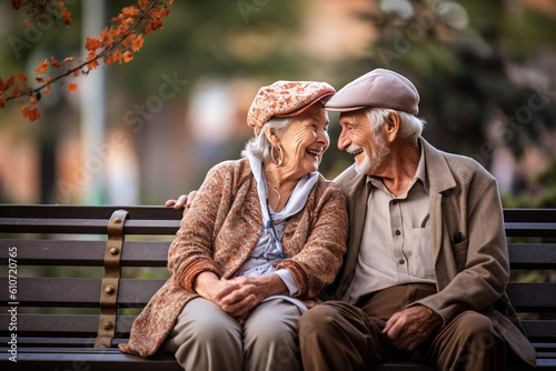 An older man and woman sitting on a bench, engrossed in a heartfelt conversation and enjoying each other's company, elderly happy people, old age, bokeh Generative AI © Катерина Євтехова
