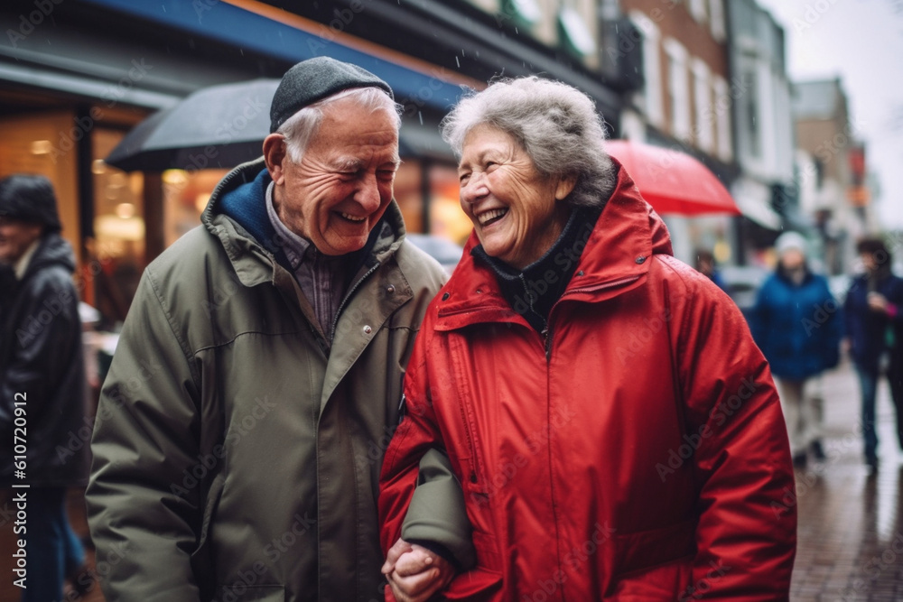 A senior couple exploring a bustling city street, hand in hand, marveling at the sights and sounds of urban life, elderly happy people, old age, bokeh Generative AI