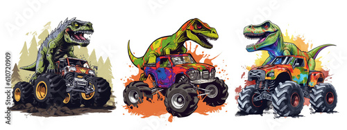 T-Rex Riding on Truck , Cartoon dinosaur characters driving