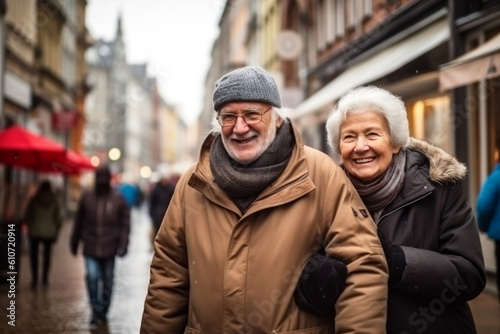 A senior couple exploring a bustling city street, hand in hand, marveling at the sights and sounds of urban life, elderly happy people, old age, bokeh Generative AI