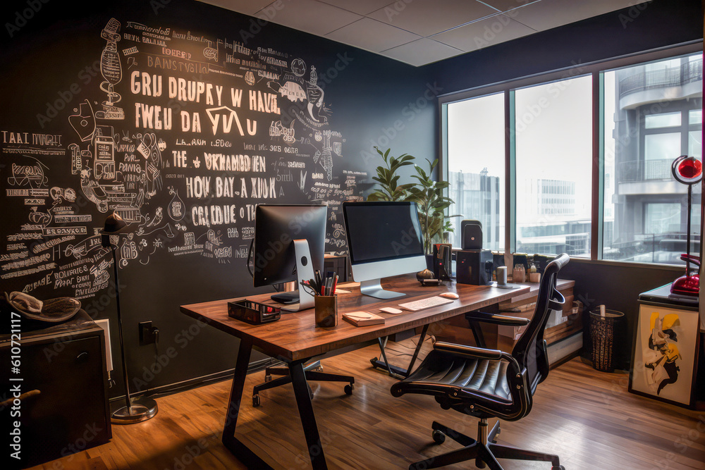 A neatly organized desk with a motivational quote framed on the wall.