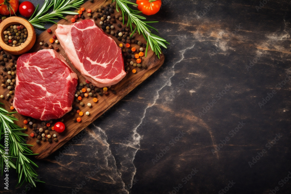 background dark red fried steak food ingredient beef raw grill meat. Generative AI.