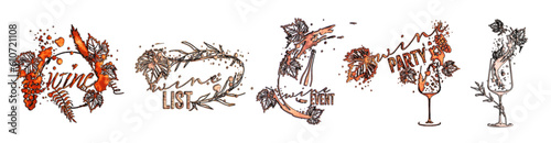 Wine Designs. Collection of wine glasses and bottles. Hand drawn elements for invitation cards, advertising banners and menus. Wine glasses with splashing wine. Sketch vector illustration.