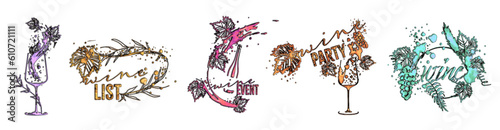 Wine Designs. Collection of wine glasses and bottles. Hand drawn elements for invitation cards, advertising banners and menus. Wine glasses with splashing wine. Sketch vector illustration.