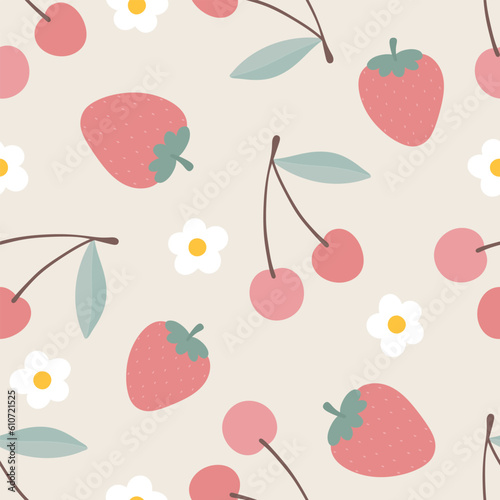 Cherry fruit seamless pattern, abstract repeated cartoon background, vector illustration