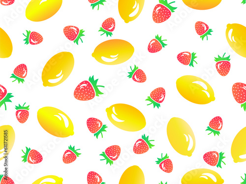 Fototapeta Naklejka Na Ścianę i Meble -  Seamless pattern with lemons and strawberries in 3d style. Summer fruit mix with strawberry and lemon on a white background. Design for print, fabric and poster. Vector illustration