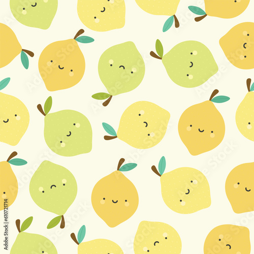 Cute lemon fruit kawaii face seamless pattern, abstract repeated cartoon background, vector illustration