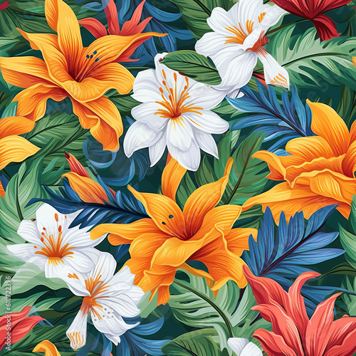 Seamless pattern  colorful flowers close-up in vintage style.