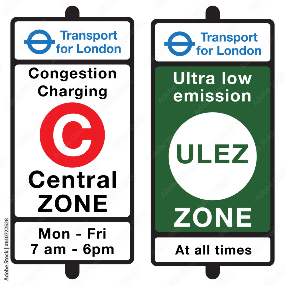 Congestion Charge and Ultra Low Emission Zone sign. A street traffic sign for for the London Congestion Charge and the Ultra Low Emission zone. Eps 10 vector illustration.