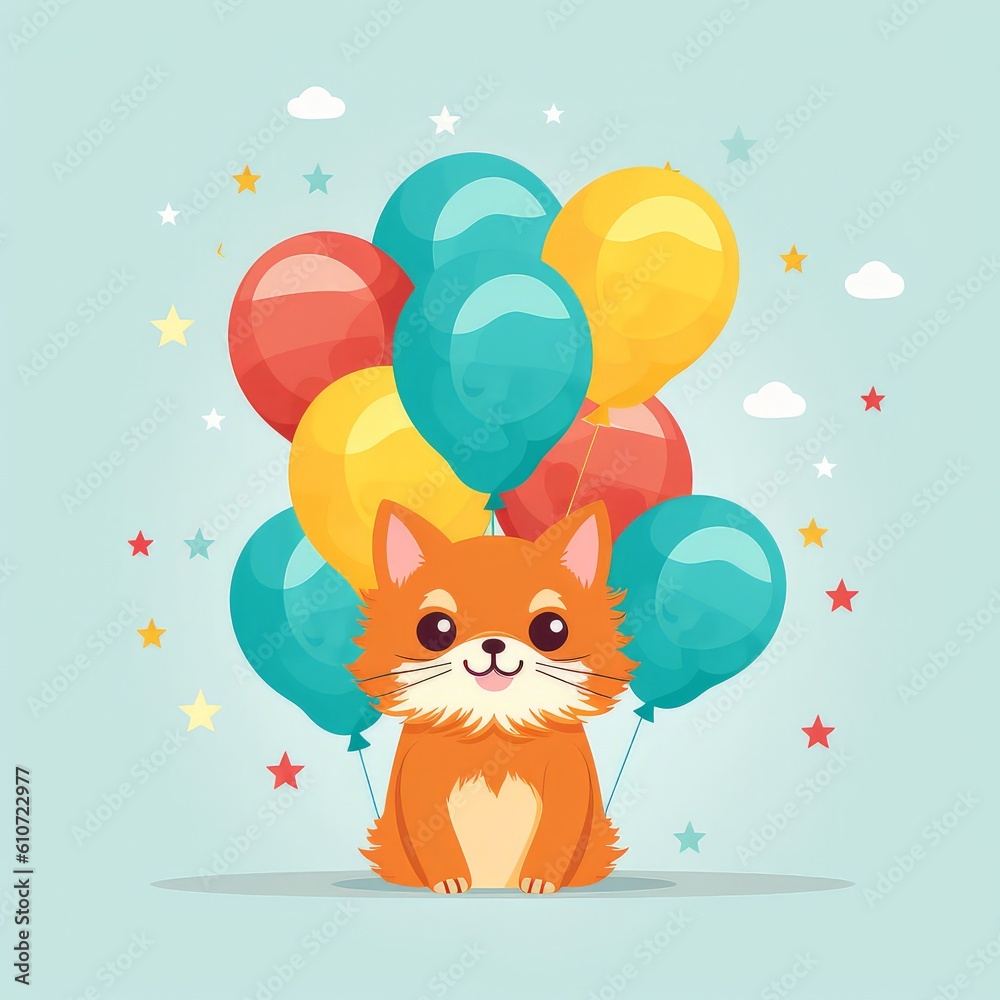 Happy Birthday color cat with ballons. Design for web, advertising, banner, poster, card. Ai generated