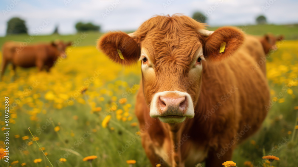 brown cows grazing. livestock. generative ai brown cows grazing. livestock. generative ai
