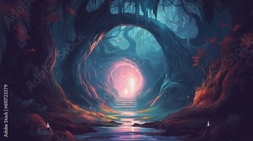 A magical portal with swirling colors. Fantasy concept , Illustration painting. Generative AI