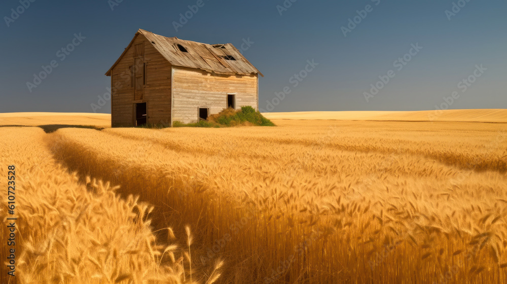 barn on wheat field. generative ai