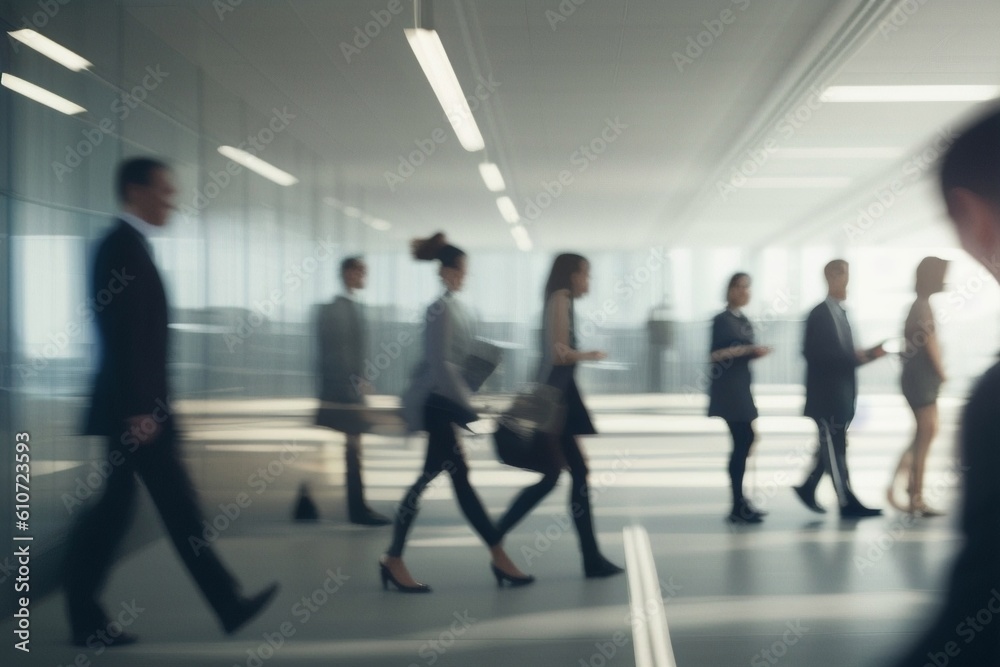 Group of business people walking at modern open space, generative ai, busy people crowd