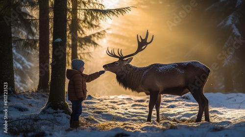 small boy touching a deer in snow in winter forest. generative ai