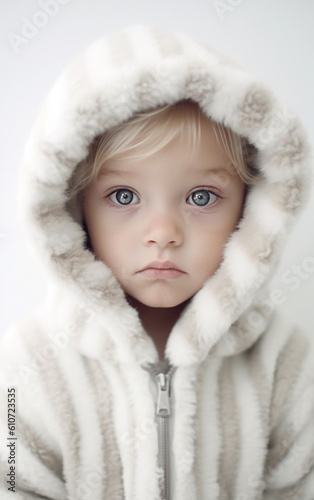 Handsome blond and blue-eyed boy wearing warm white fur hood - ai generative