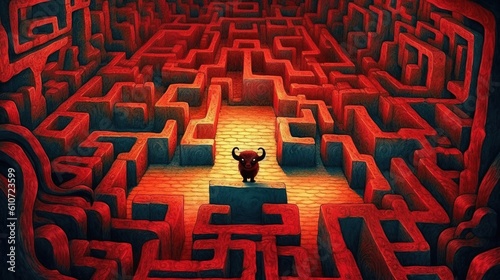 A labyrinth with a minotaur. Fantasy concept , Illustration painting. Generative AI