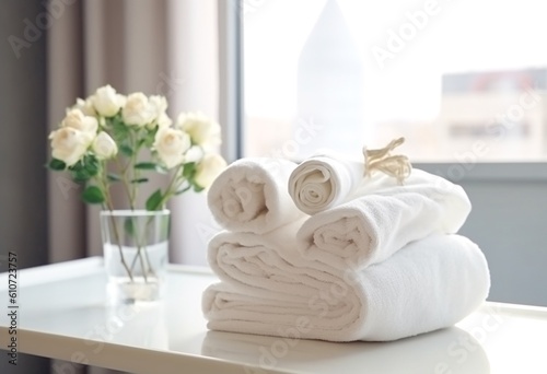White clean towels on table in bathroom  generative ai