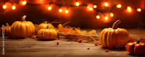 Festive autumn decor of pumpkins, on wooden table. Wide banner concept of Thanksgiving day or Halloween, generative ai