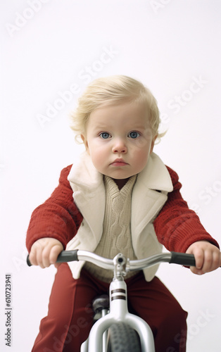 Charming portrait of a joyful and smiling little boy riding a bicycle on a white background - ai generative