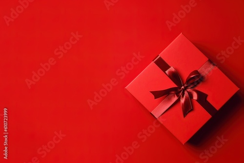 Rote Geschenkbox auf rotem Hintergrund: Intensive Farbkontraste, matte Hintergrundgestaltung, lebendige Farbauswahl, authentisch eingefangene Momente, organische Textur, fesselnde und emotionale Bilde