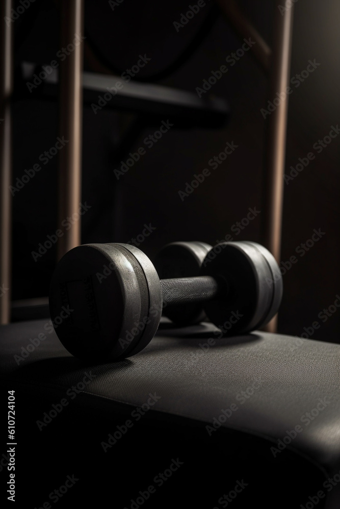 Pesa estilo mancuerna para ejercicio de fuerza en sala vacía de gimnasio. Generative ai. Pesa estilo mancuerna para ejercicio de fuerza en sala vacía de gimnasio. Generative ai.