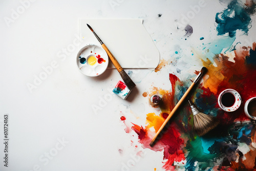 Pintura óleo pinceles con acuarelas en fondo blanco. Acuarelas óleo de colores vivos sobre lienzo blanco y diferentes pinceles y brochas. Generative ai.