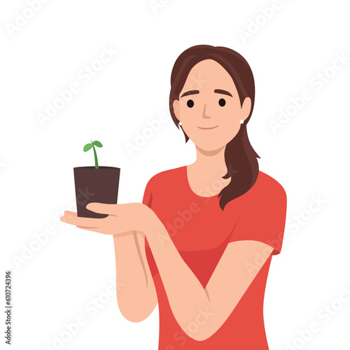 Woman holds handful of earth with plant drawing attention to problem of ecology and pollution or CO2 emissions. Happy girl doing plant cultivation and care for environment or ecology. Flat vector
