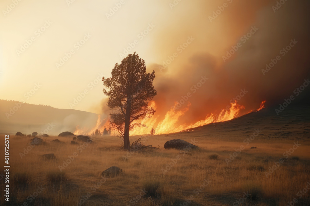 Forest in wildfire caused the intense summer heat