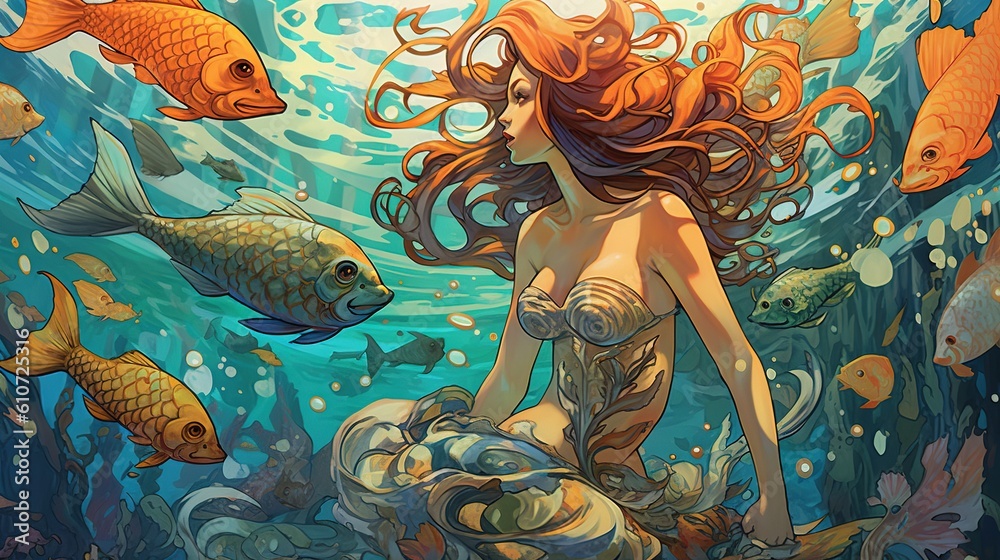Fototapeta premium A mermaid swimming in the ocean with fish. Fantasy concept , Illustration painting. Generative AI