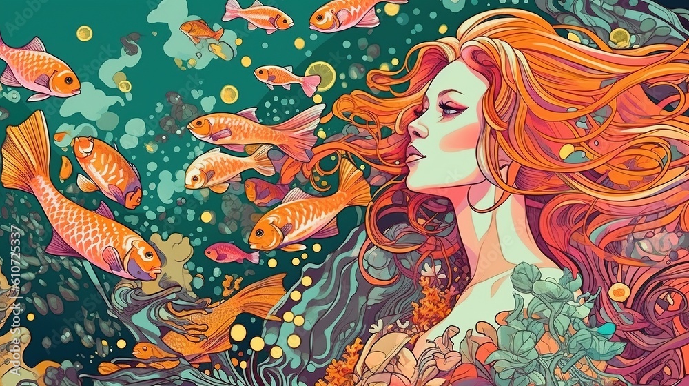 A mermaid swimming in the ocean with fish. Fantasy concept , Illustration painting. Generative AI