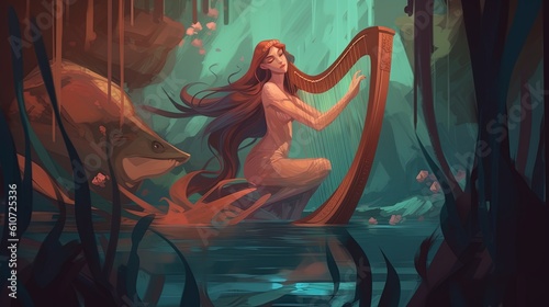 A mermaid with a harp. Fantasy concept , Illustration painting. Generative AI