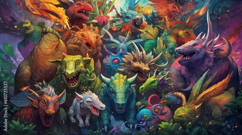 A mythical creature menagerie. Fantasy concept , Illustration painting. Generative AI