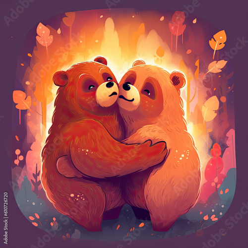 illustration, the bears hug each other, cartoon style, vivid colors