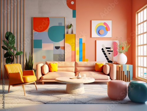 Pink sofa and round coffee table on gray rug. Postmodern memphis style interior design of modern living room. Created with generative AI