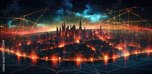 the world surrounded by technology and an image of a city Generative AI
