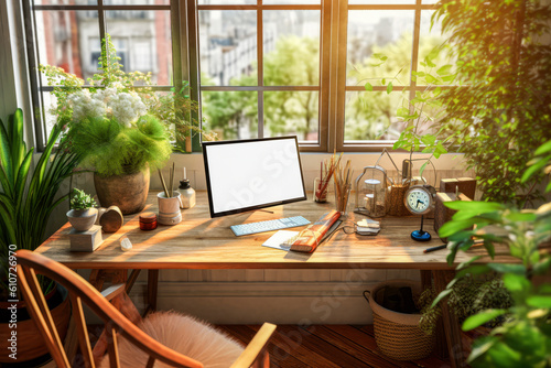 A desk plant or flowers, adding a touch of nature and freshness to the workspace. © Suplim