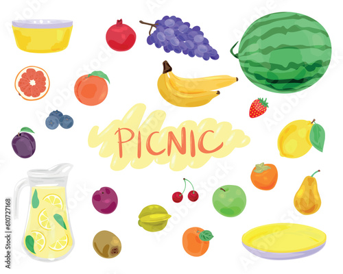 Set of food for picnic on white background