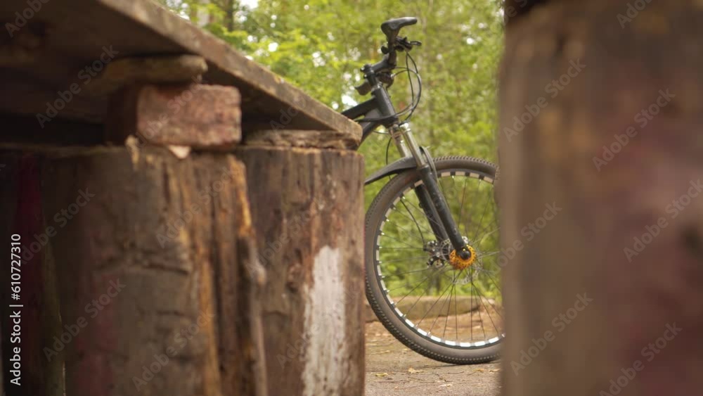 Bicycle, Smooth Camera Movement. Bicycle Standing in the Forest. Concept of Cycling and Cycling. Free Moving on Free Transport