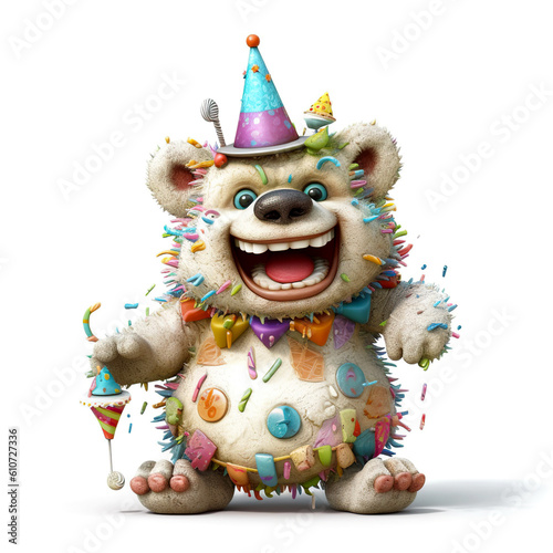 Funny cartoon party bear isolated over white background. Colorful joyful greeting card for birthday or other festive events. Created with generative Ai