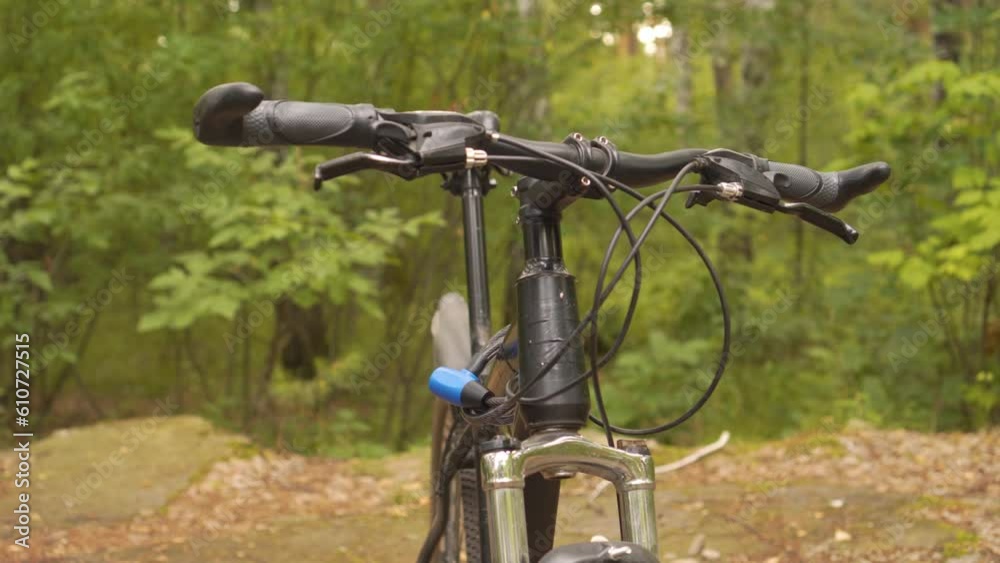 Bicycle, Smooth Camera Movement. Bicycle Standing in the Forest. Concept of Cycling and Cycling. Free Moving on Free Transport Bicycle, Smooth Camera Movement. Bicycle Standing in the Forest. Concept of Cycling and Cycling. Free Moving on Free Transport