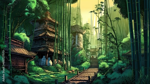 A scenic bamboo forest with a hidden temple and a monk's training ground. Fantasy concept , Illustration painting. Generative AI