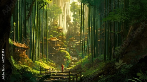 A scenic bamboo forest with a hidden temple and a monk s training ground. Fantasy concept   Illustration painting. Generative AI